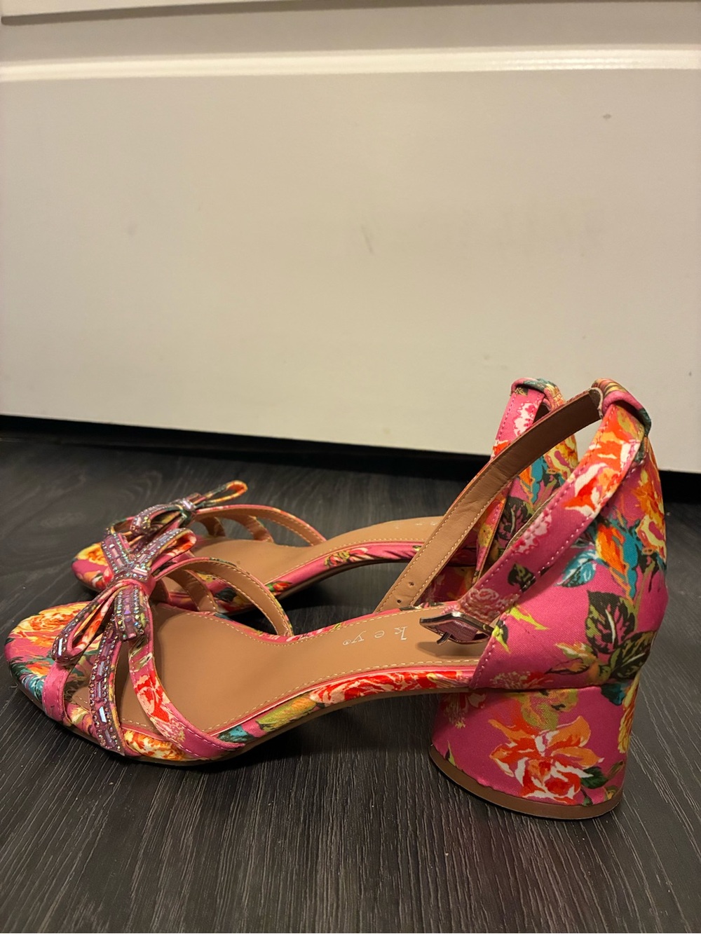 Copper Key Pink Floral Block Heel Sandals with Bow Detail
